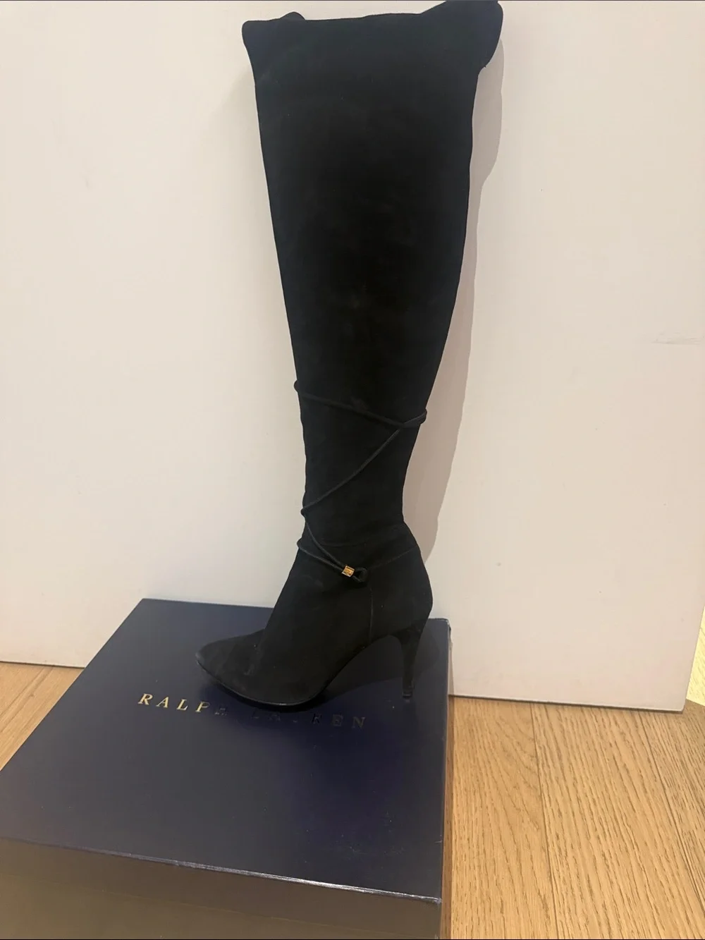 Ralph Lauren Collection - Black Suede Over-the-Knee Stiletto Boots with Wrap Tie